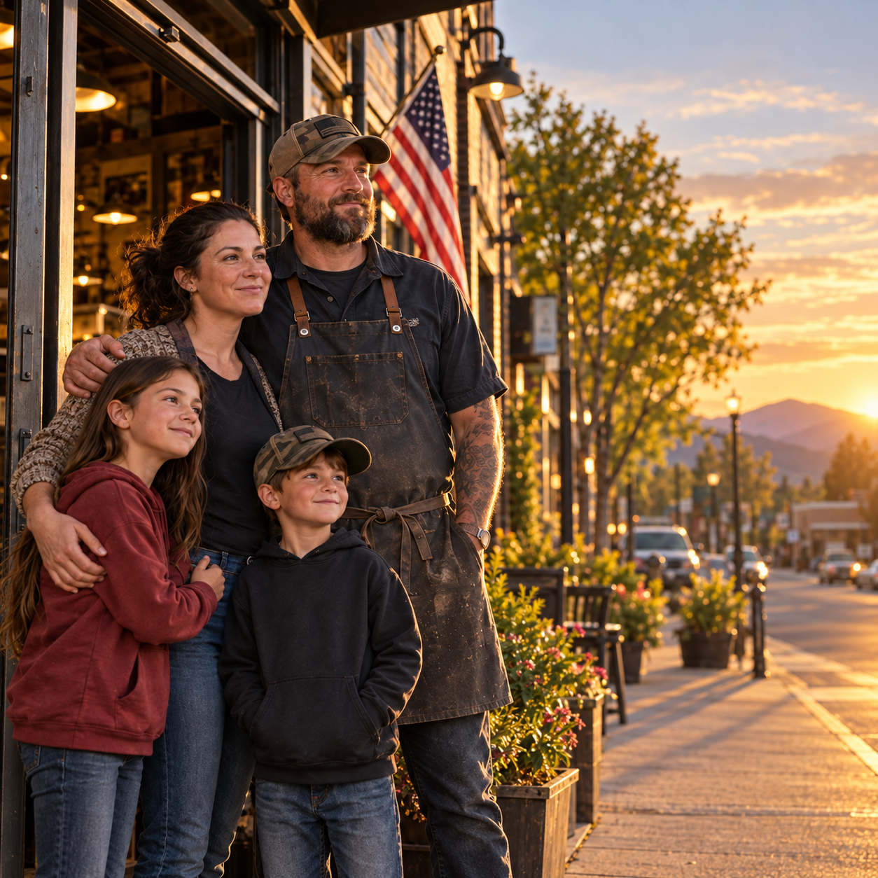 Veteran-owned small business family outside their storefront at sunset