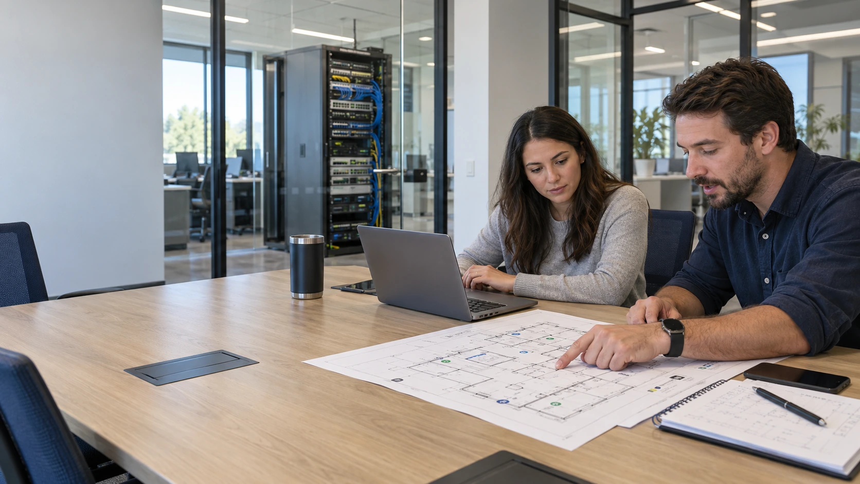 Illustrative engineering team planning integrated technology beside network infrastructure