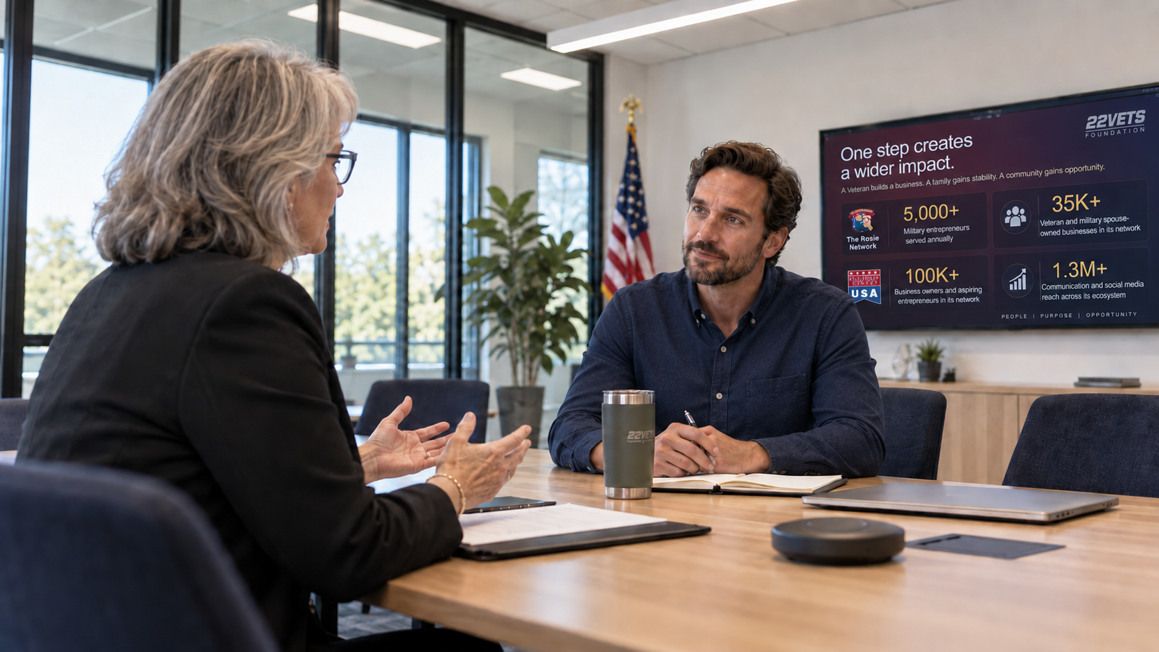 22Vets representative listening to a client during a conference room discovery meeting